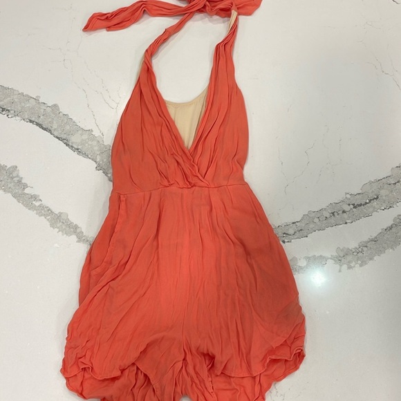 Ark & Co Coral Rayon Romper with nude underlay. Halter/tie neck - Picture 1 of 4